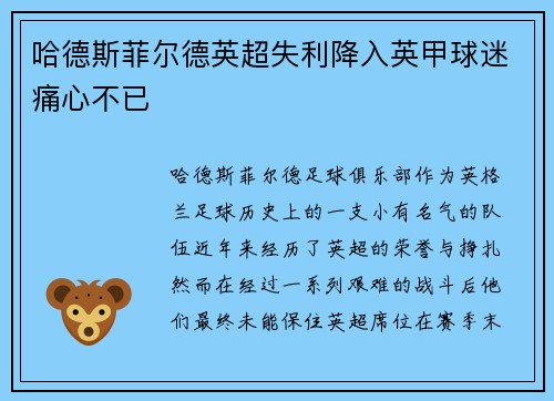 哈德斯菲尔德英超失利降入英甲球迷痛心不已