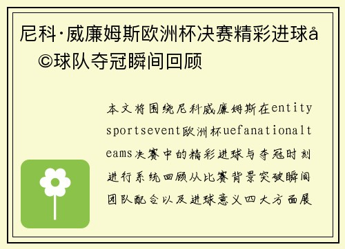 尼科·威廉姆斯欧洲杯决赛精彩进球助球队夺冠瞬间回顾